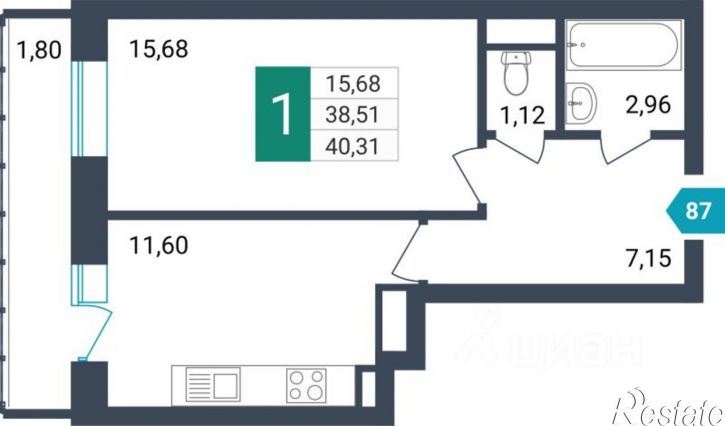 1-комн квартира в новом доме Проезжая улица, 1А,  д. 1А