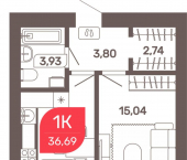 1-комн, 36 кв м, этаж 1/9 Жилой комплекс 